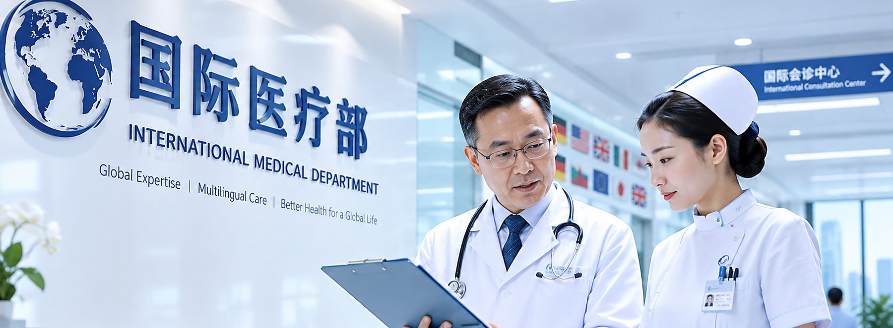 A physician and a nurse at the international medical department of a Chinese hospital